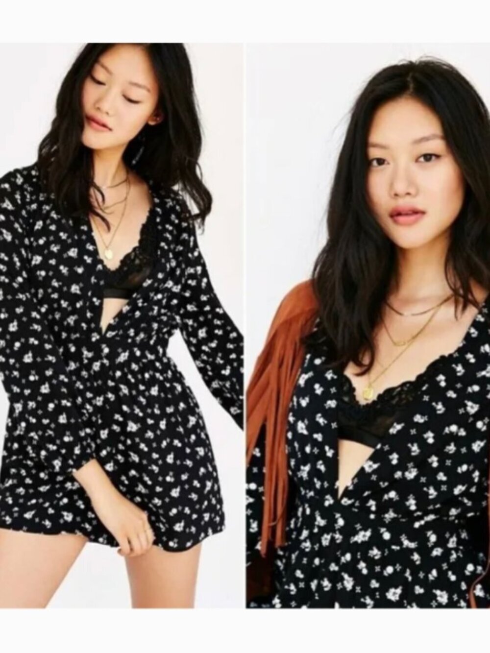 UO Ecote Charlotte Plunging Long-Sleeve Romper